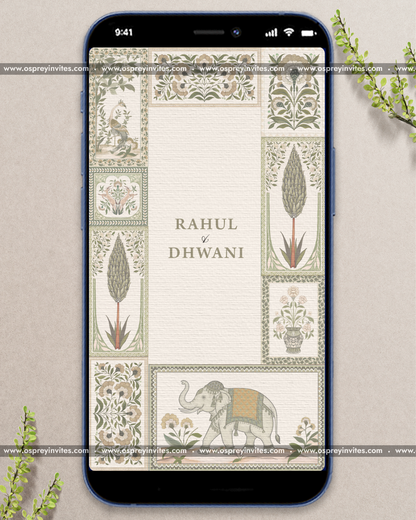 Botanical ivory palace wedding PDF invitation with lush green florals and elegant refined typography styling
