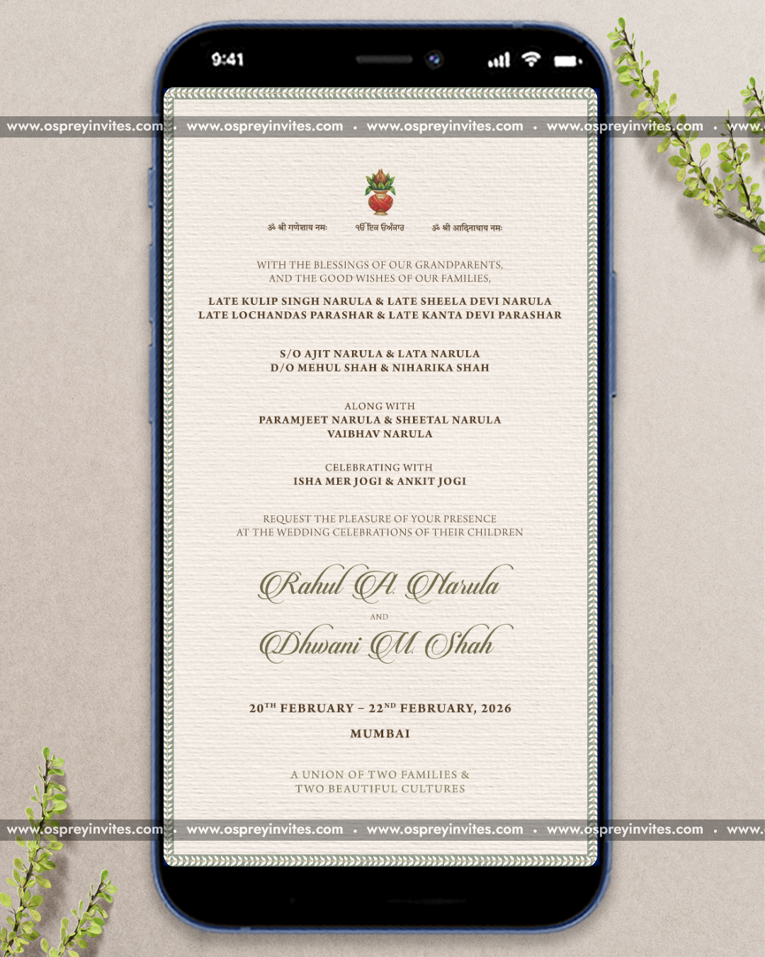 Ivory palace themed wedding PDF invite page featuring botanical illustrations, soft florals and editorial layout