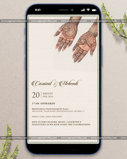 Botanical wedding PDF stationery spread with ivory palace silhouette, leafy frames and elegant ceremony detail