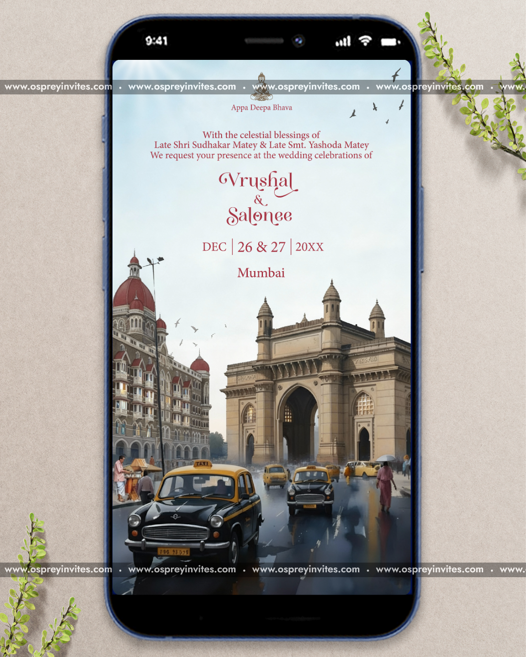 Nostalgic Bombay romance wedding PDF invitation with retro film poster artwork and modern romantic typography