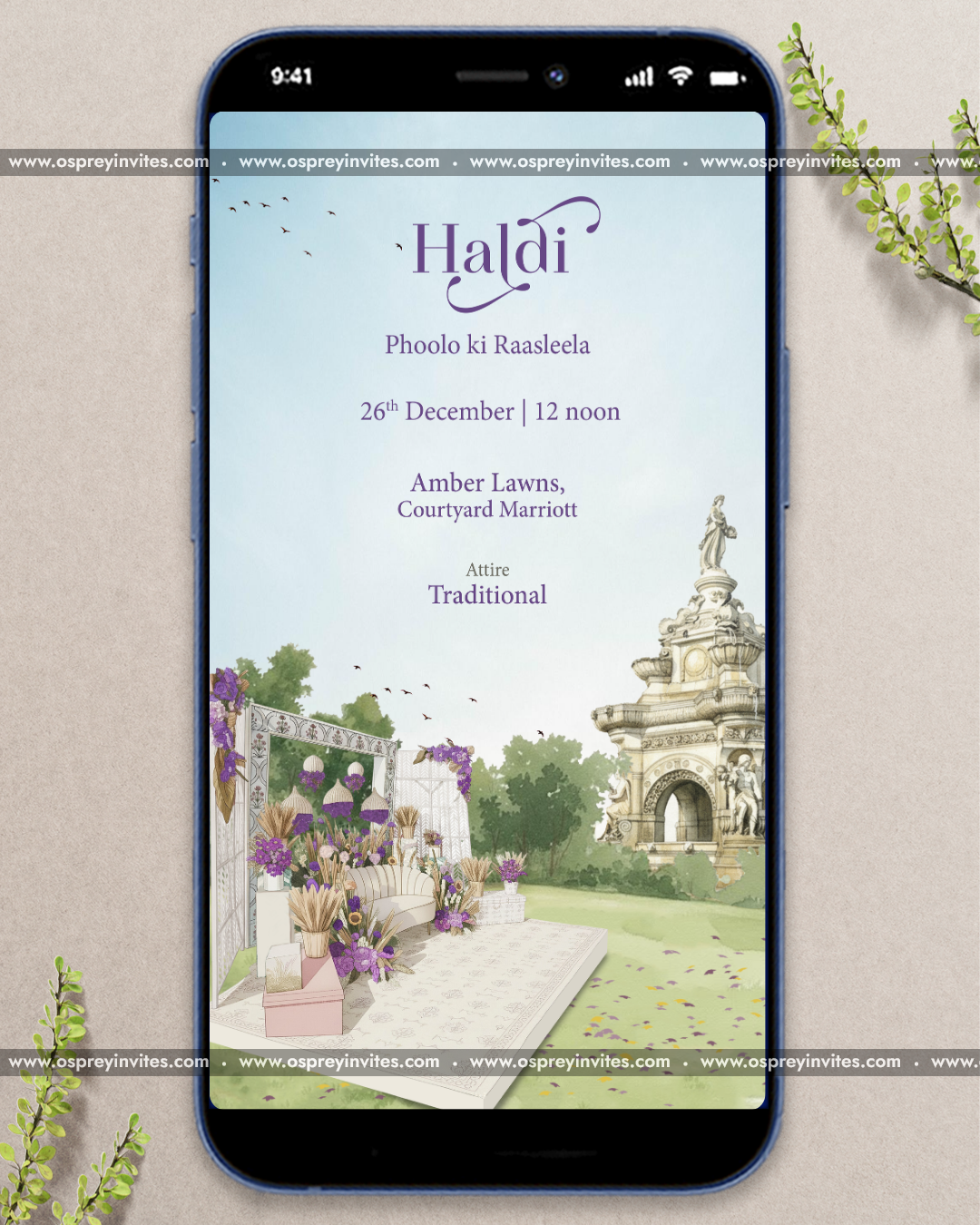 Bombay themed wedding PDF invite page featuring vintage film inspired illustrations and warm romantic palette