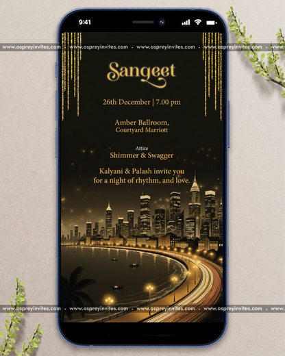 Retro Bombay romance wedding PDF stationery with film-poster styling, illustrated couple and warm tones