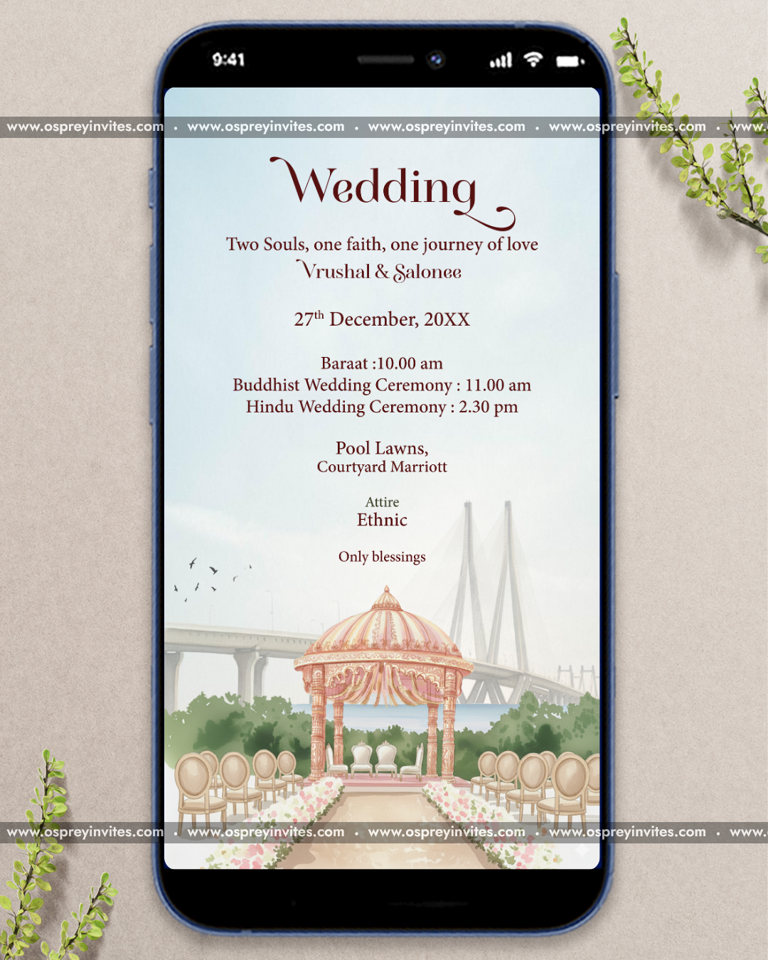 Bombay inspired wedding PDF invite spread with vintage palette, film motifs and elegant ceremony layout