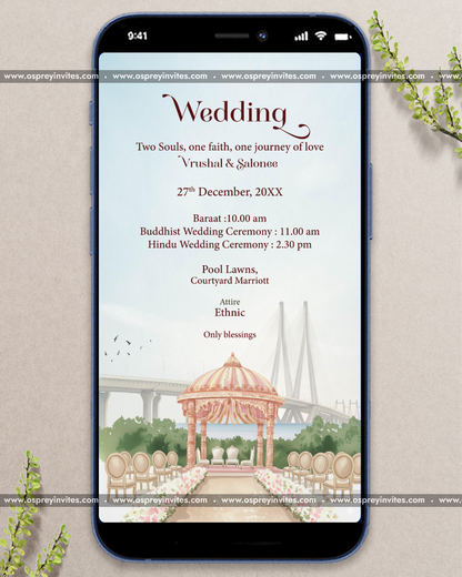 Bombay inspired wedding PDF invite spread with vintage palette, film motifs and elegant ceremony layout