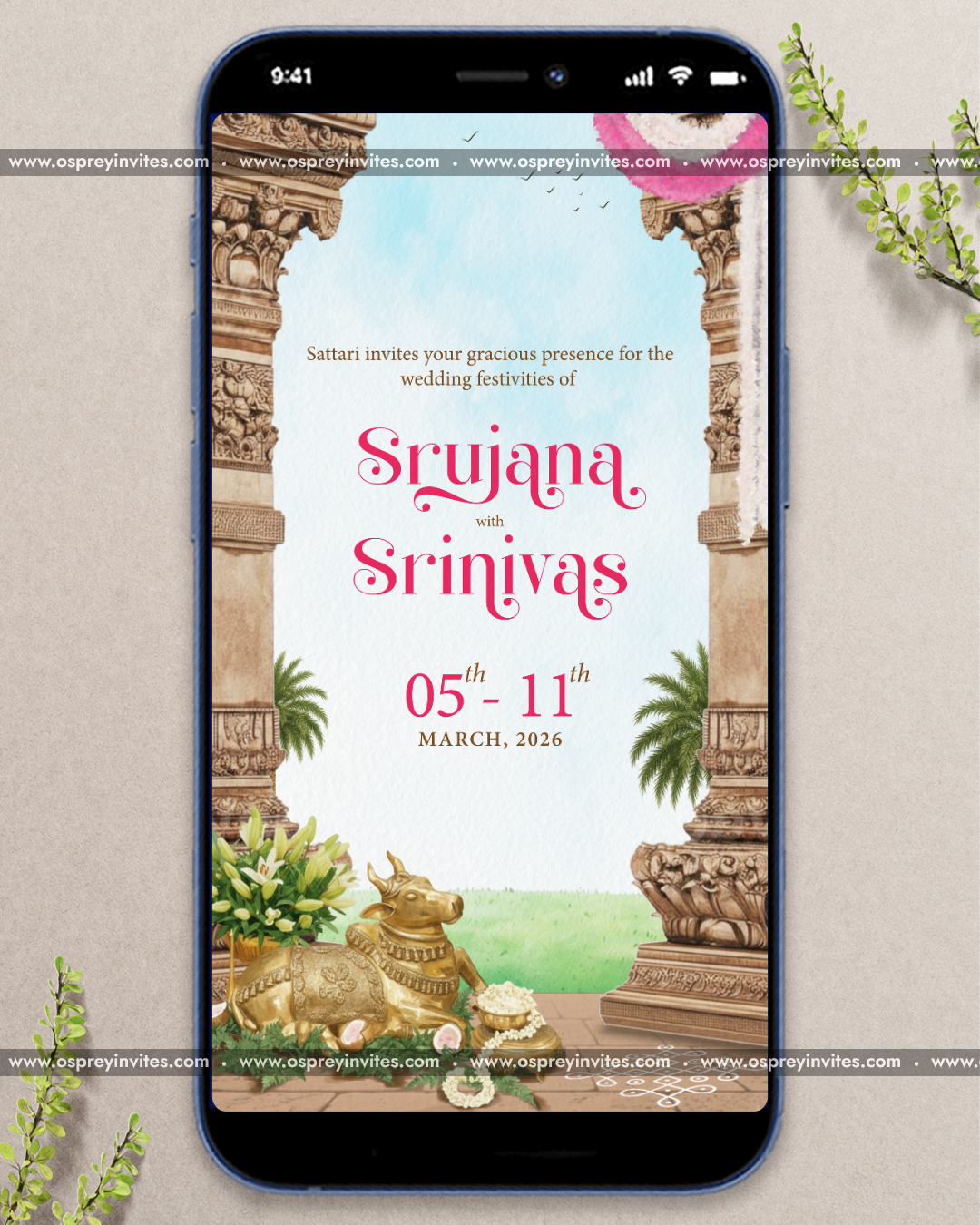 Illustrated South Indian temple wedding PDF invitation page with traditional gopuram and ceremony detailing