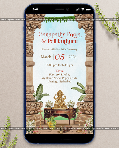 South Indian temple wedding PDF invite spread featuring Pellikuthuru, Haldi and Kotnam ceremony illustrations