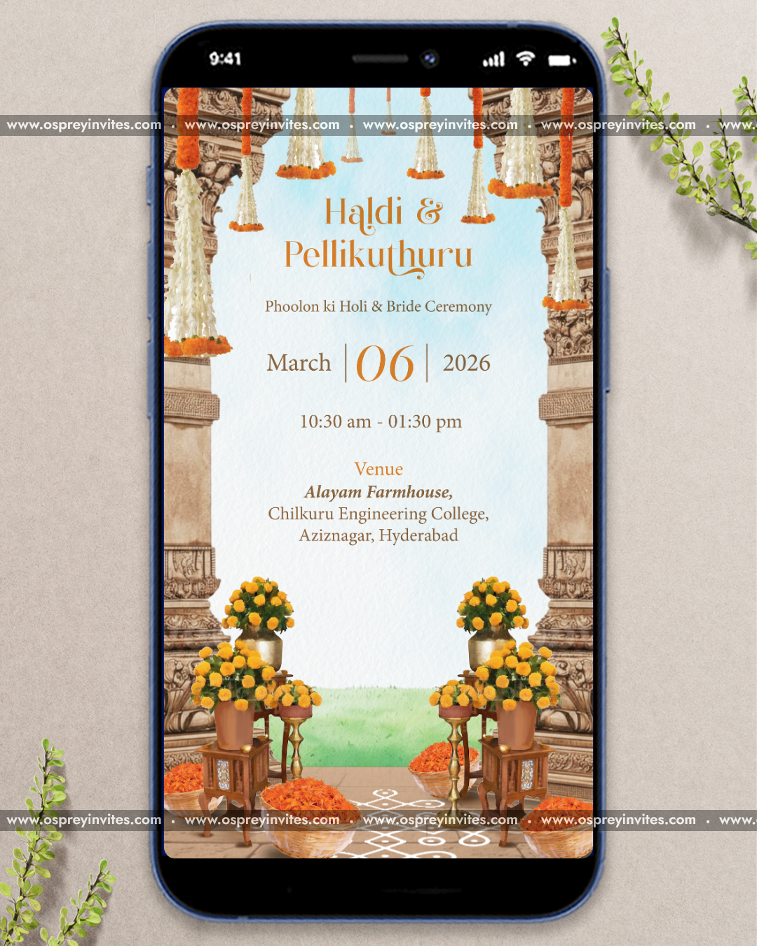 Temple themed South Indian wedding PDF invitation with gopuram silhouette, traditional motifs and event names