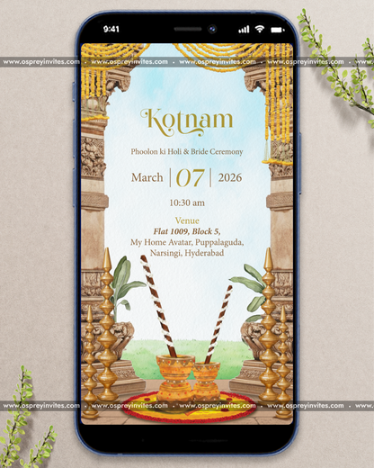 Illustrated South Indian wedding PDF page with temple imagery, ceremony icons and traditional Telugu detailing