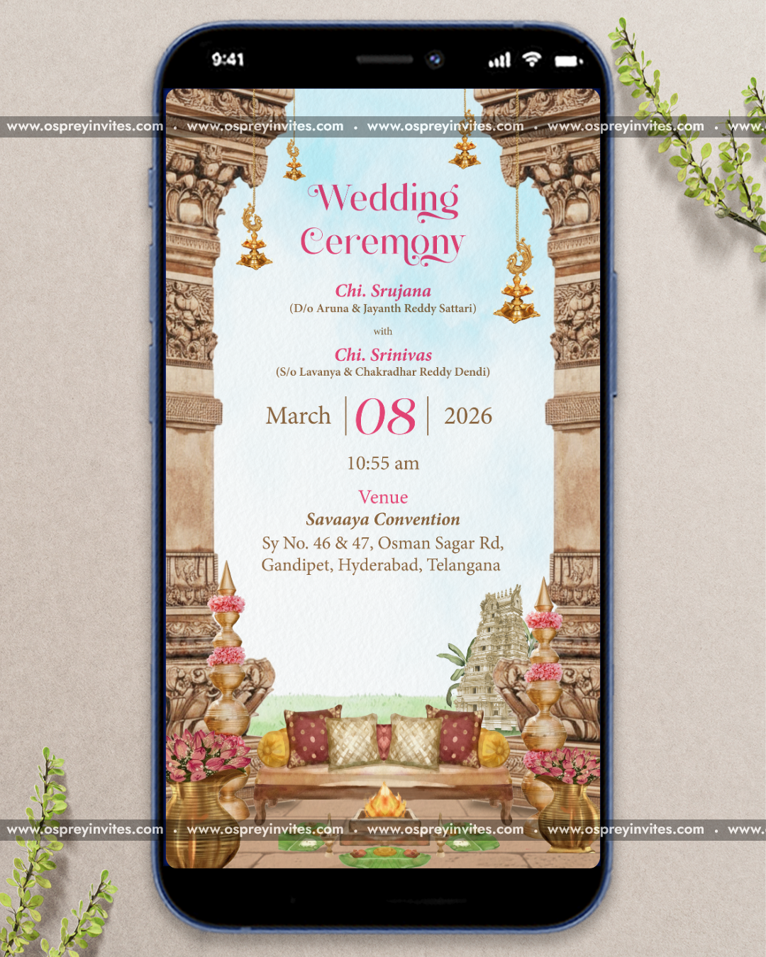 Traditional South Indian wedding PDF invite spread with temple architecture, ceremony illustrations and elegant typography