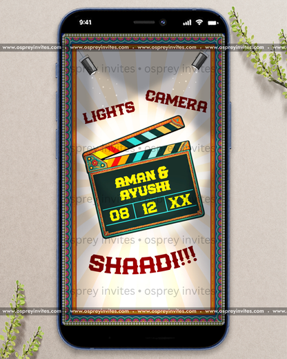 Quirky Bollywood wedding PDF spread with comic style artwork, bright palette and witty Hinglish copy