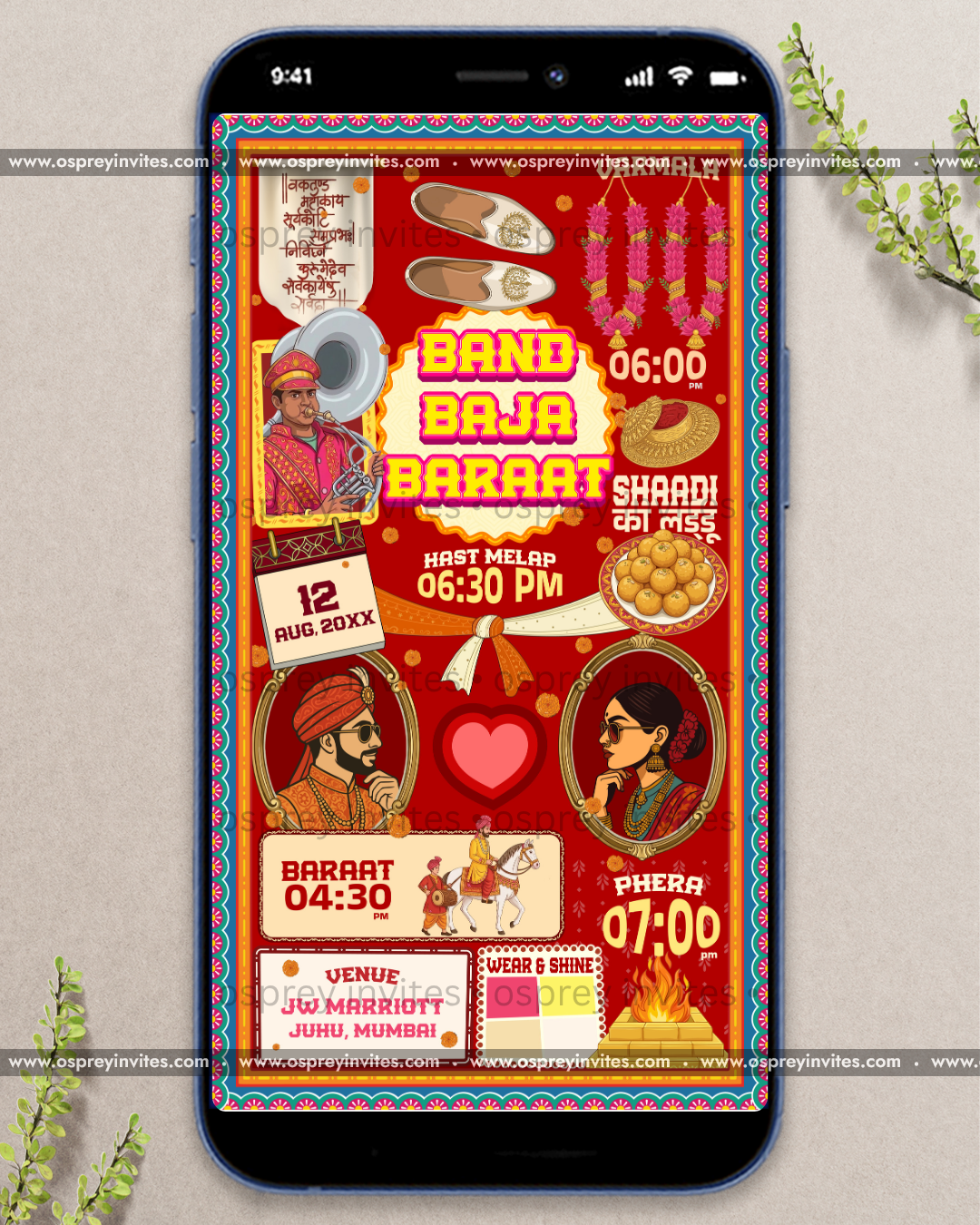 Bollywood themed wedding PDF invite page featuring vibrant illustrations, masala posters and personalised ceremony detailing