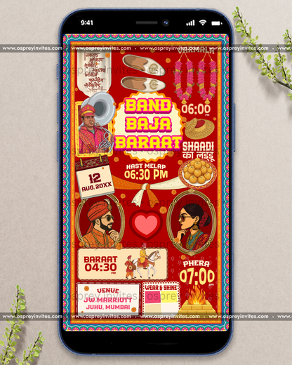 Bollywood themed wedding PDF invite page featuring vibrant illustrations, masala posters and personalised ceremony detailing