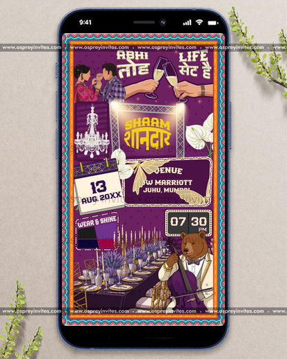 Bollywood inspired wedding PDF stationery spread with witty copy, bright palette and personalised ceremony detail
