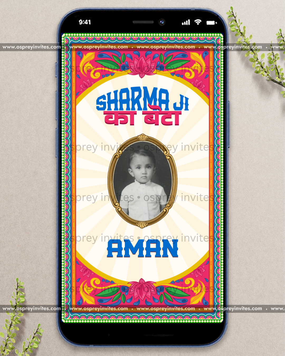 Fun Bollywood wedding PDF stationery page with bazaar typography, illustrated couple and playful event detailing