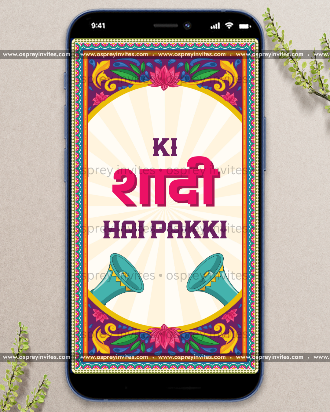 Bollywood wedding PDF page with playful illustrations, retro film palette and personalised quirky ceremony information