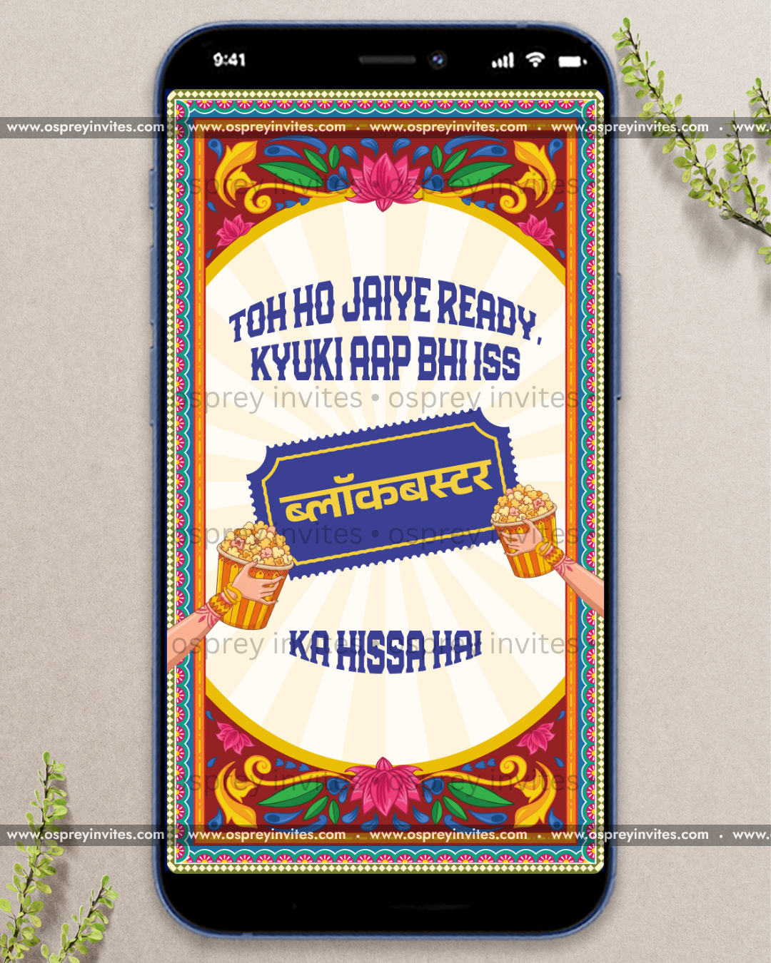 Bright Bollywood wedding PDF invite spread with poster-style artwork, witty copy and energetic Indian styling