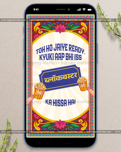 Bright Bollywood wedding PDF invite spread with poster-style artwork, witty copy and energetic Indian styling
