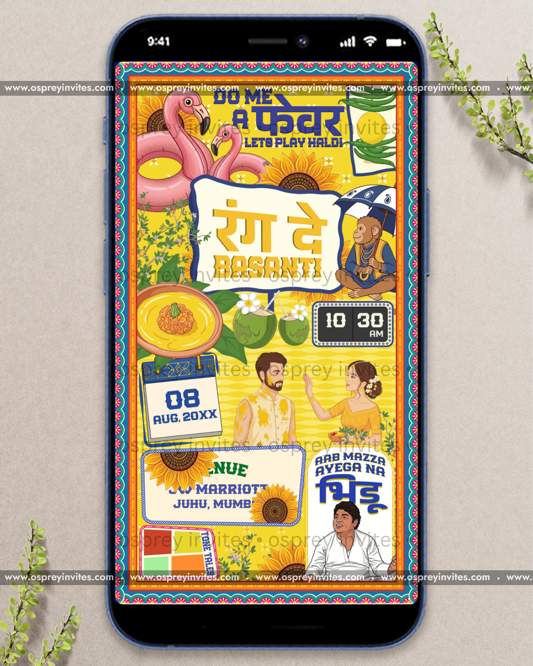 Vibrant Bollywood themed wedding PDF design with bazaar palette, illustrated motifs and lively personalised detail