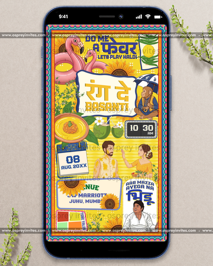 Vibrant Bollywood themed wedding PDF design with bazaar palette, illustrated motifs and lively personalised detail