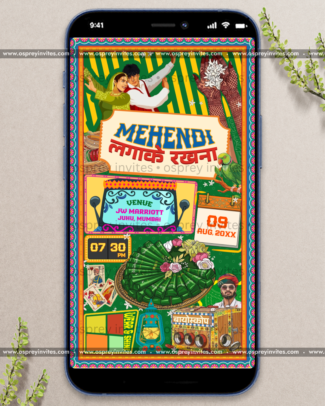Quirky desi wedding PDF invitation page with film-poster art, masala styling and personalised Hinglish copy