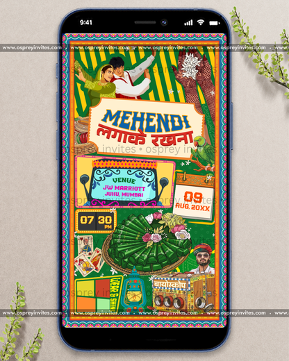 Quirky desi wedding PDF invitation page with film-poster art, masala styling and personalised Hinglish copy