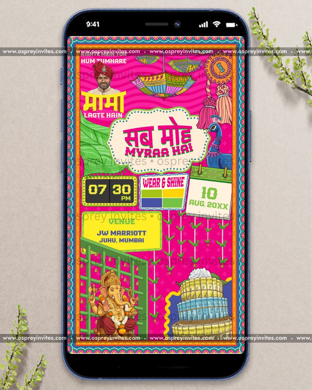 Fun Bollywood wedding PDF spread featuring bright posters, illustrated couple and energetic personalised ceremony info
