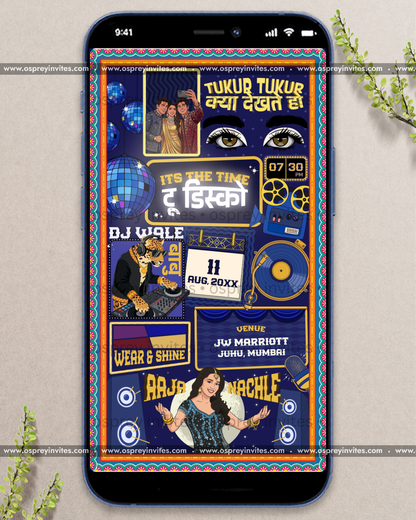 Bold quirky Bollywood wedding PDF invitation with bazaar bright artwork, Hinglish copy and tadka