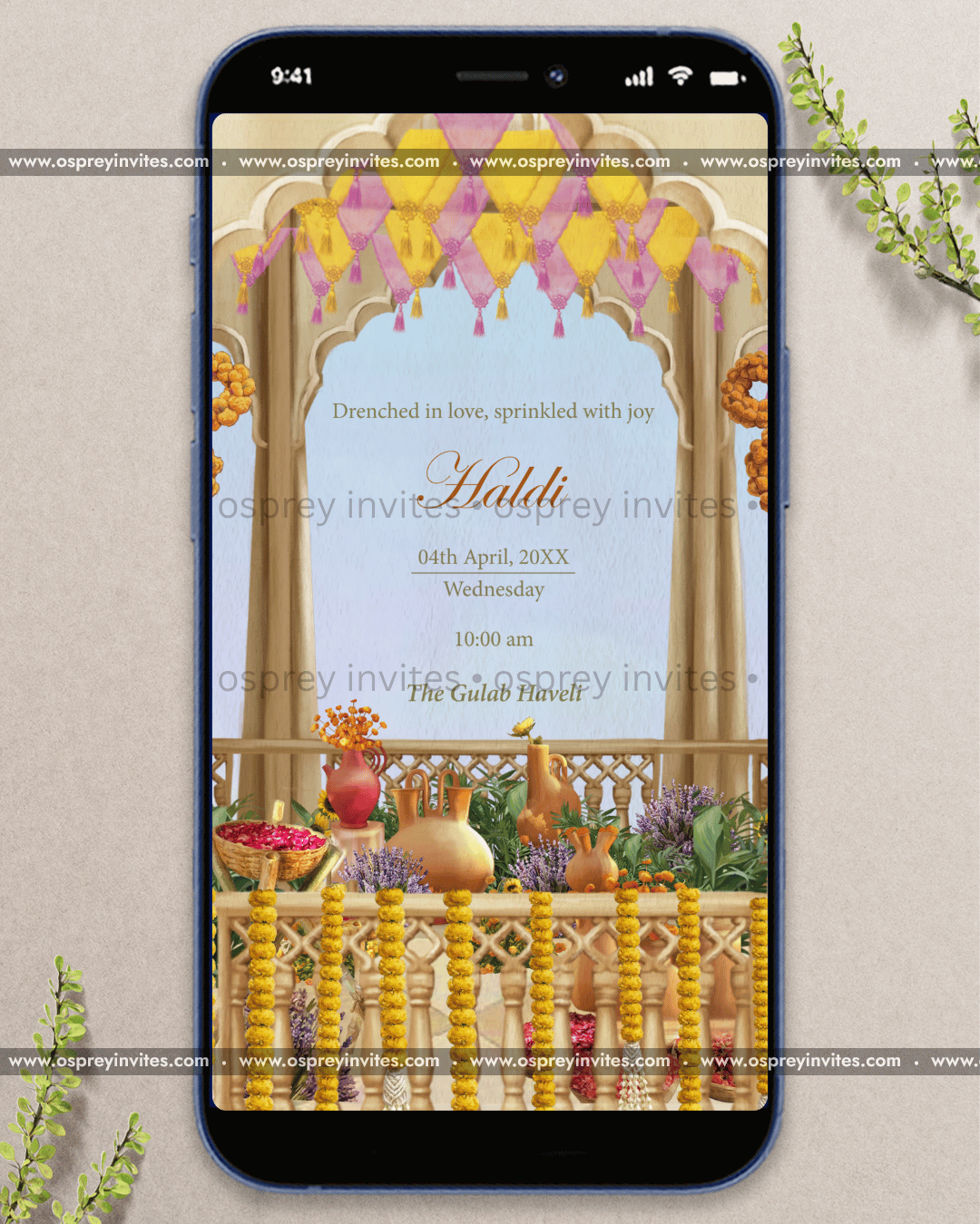 Palace wedding PDF invite page featuring illustrated arches, ornate florals and traditional Indian ceremony styling