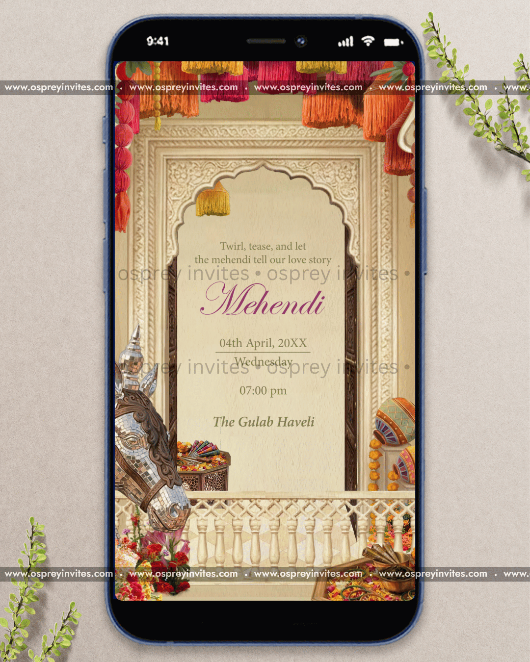 Royal palace wedding PDF stationery spread with detailed architecture, floral framing and personalised event schedule