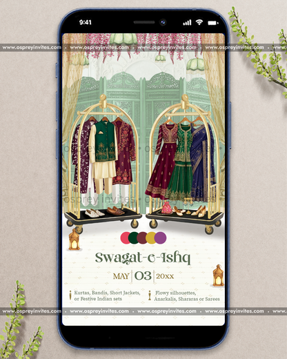 Editable bridal wardrobe planner PDF spread with chic typography and curated ceremony-wise outfit organisation