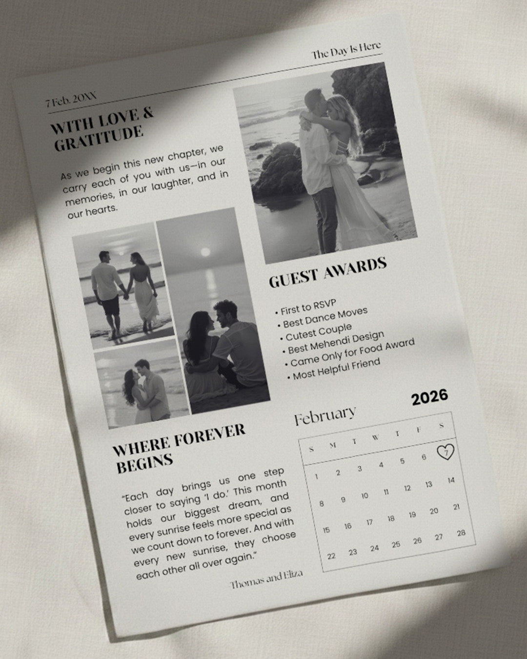 Celebration edition wedding newspaper invite spread featuring quirky guest awards, itinerary columns and editorial typography