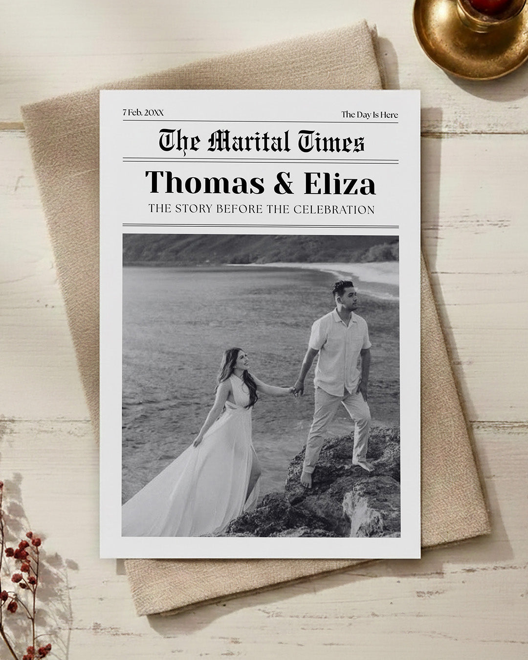 Interactive wedding newspaper invitation celebration edition with proposal story, guest awards and playful games