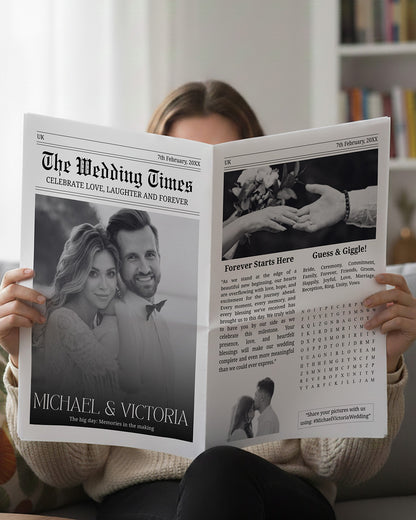 Modern wedding newspaper invitation layout with editorial styling, bold masthead and chic personalised ceremony itinerary