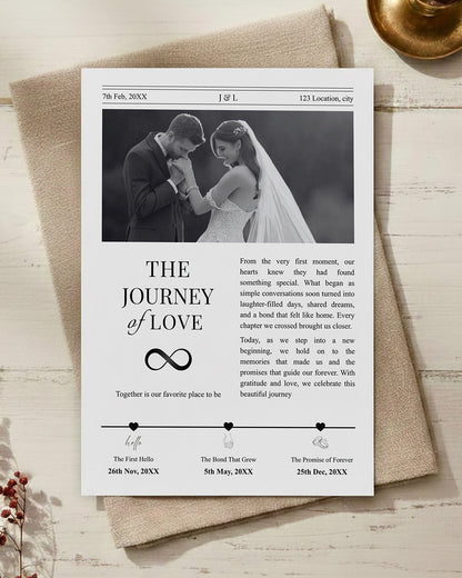 Wedding Times romantic timeline edition page with milestone dates, love story columns and editorial typography