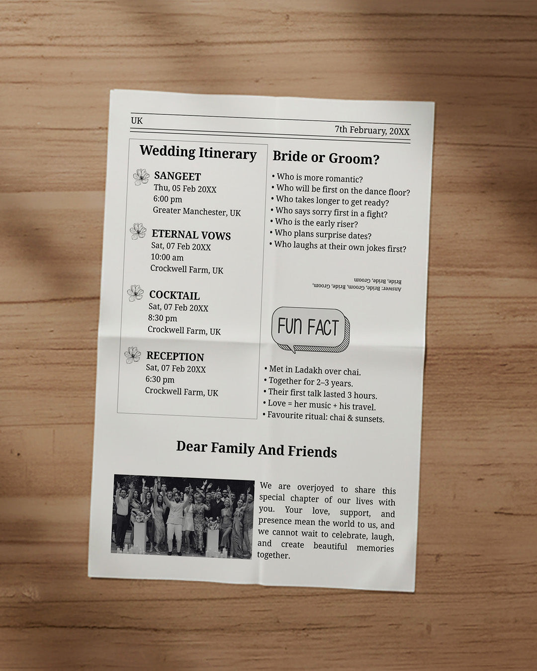 Editorial wedding newspaper invite spread in modern style with confident typography, illustrated couple and detailing