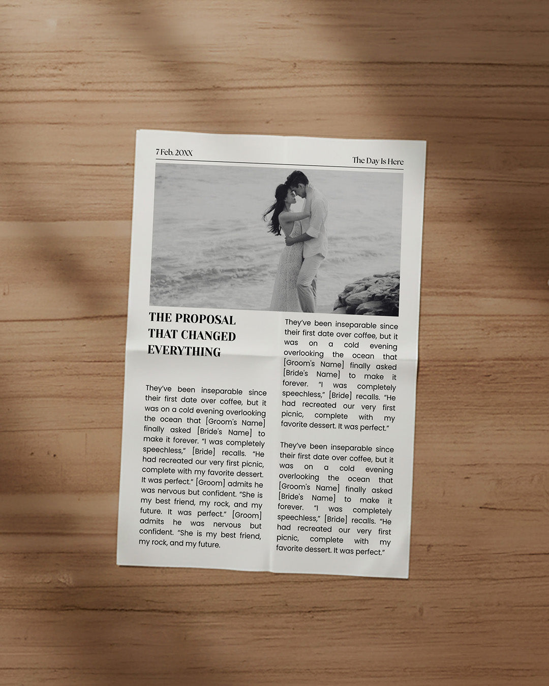 Wedding Times celebration edition page with interactive game prompts, proposal feature and personalised ceremony itinerary