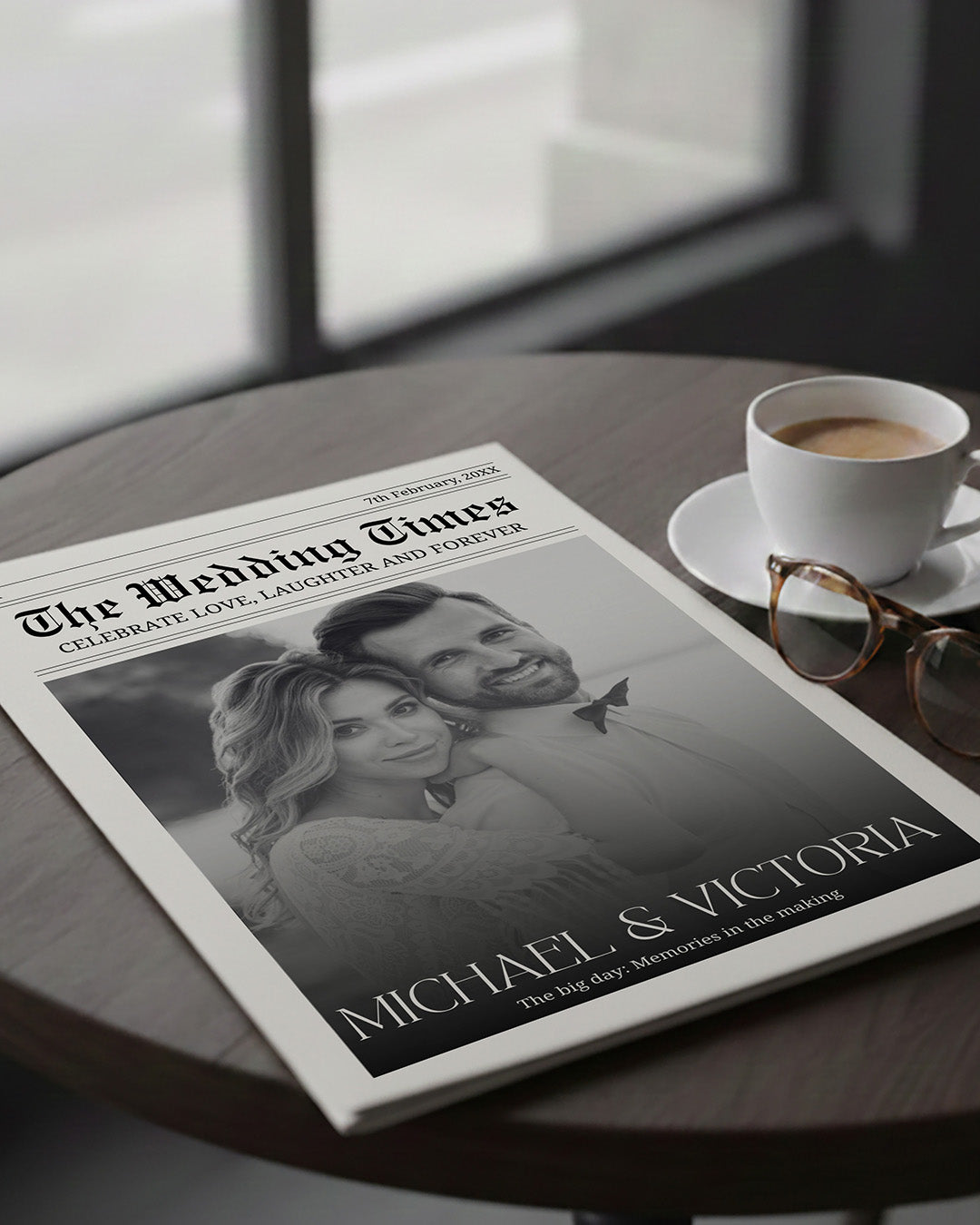 Modern editorial wedding newspaper invitation spread with sleek minimal layout, bold headlines and couple feature