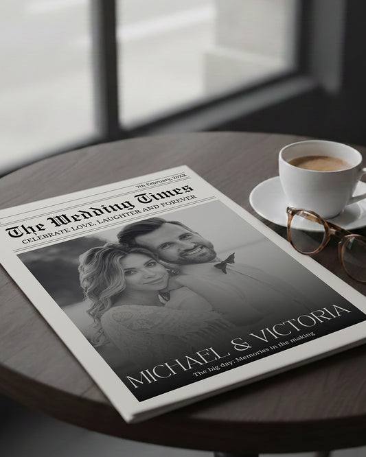 Modern editorial wedding newspaper invitation spread with sleek minimal layout, bold headlines and couple feature