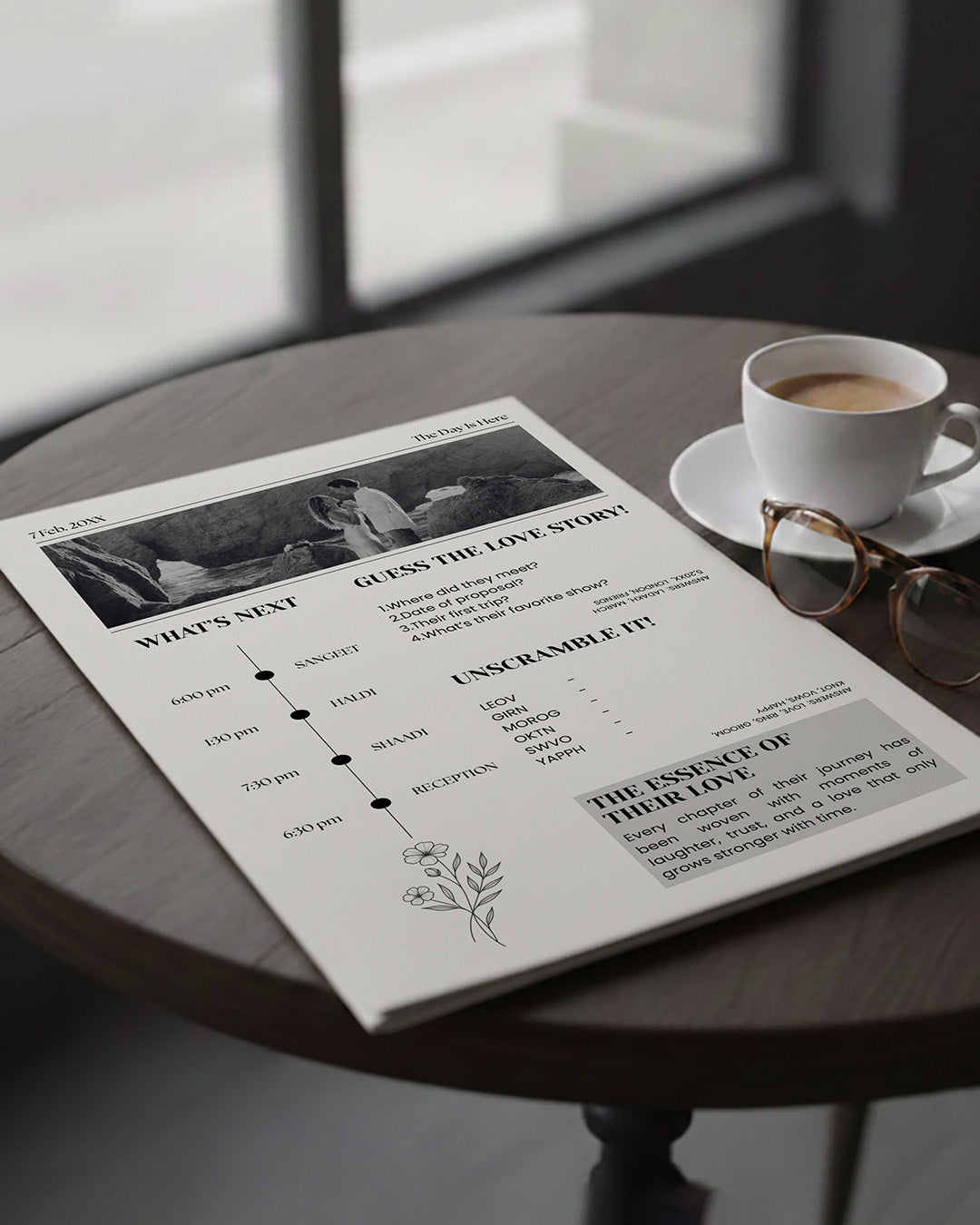 Festive wedding newspaper invitation celebration spread with bold headlines, awards section and personalised love features