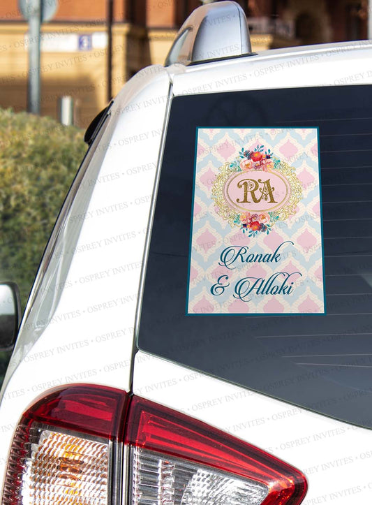 Easy-to-use sticker for cars during Indian weddings with elegant and royal design customised wedding stationery collection with bride and groom names and wedding logo.