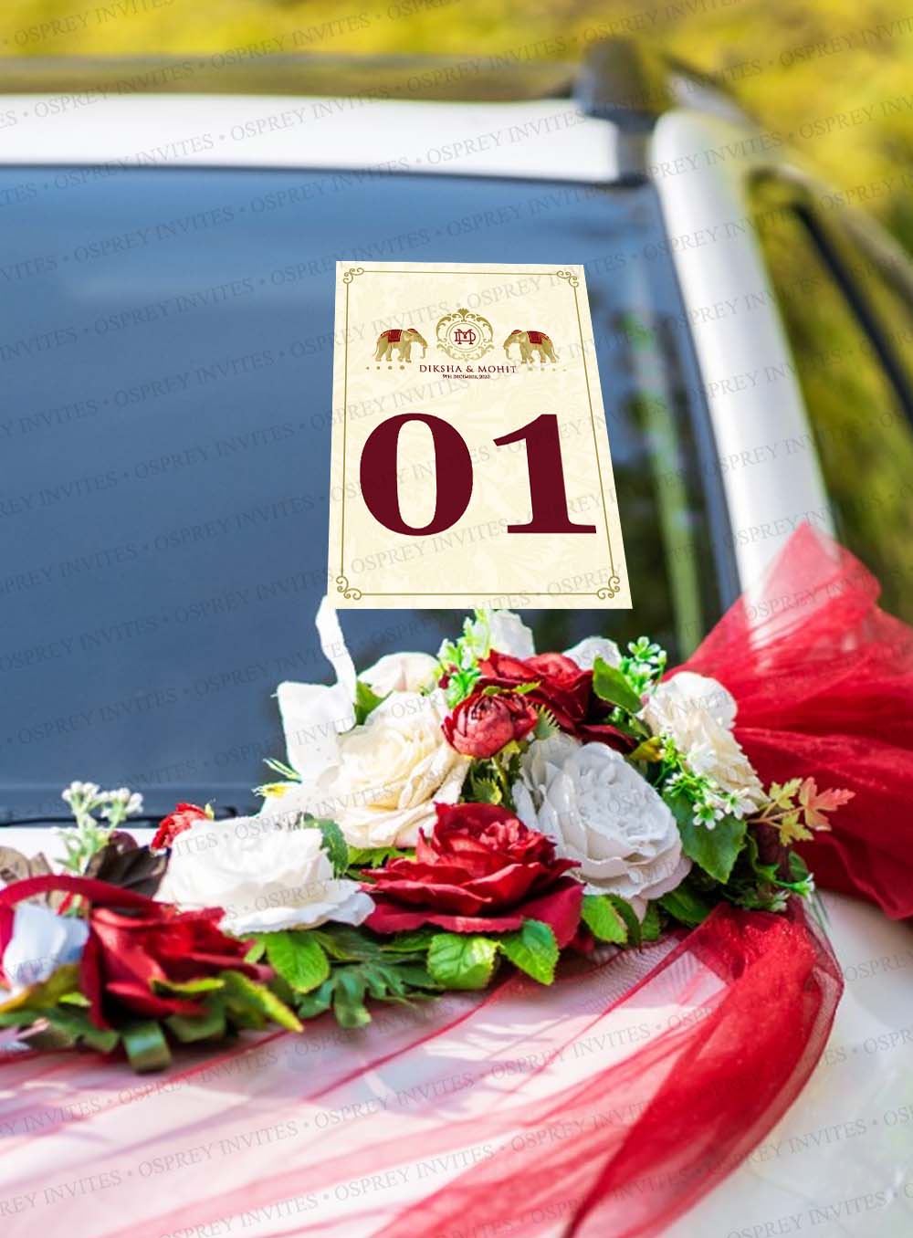 Maroon and gold car stickers for wedding, customise these car stickers with bride and groom initials or wedding logo, this car stickers design features numbers for each wedding car. 