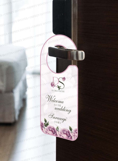 Pink roses and white lily theme Door Knob Hanging decoration for Indian wedding stationery collection.