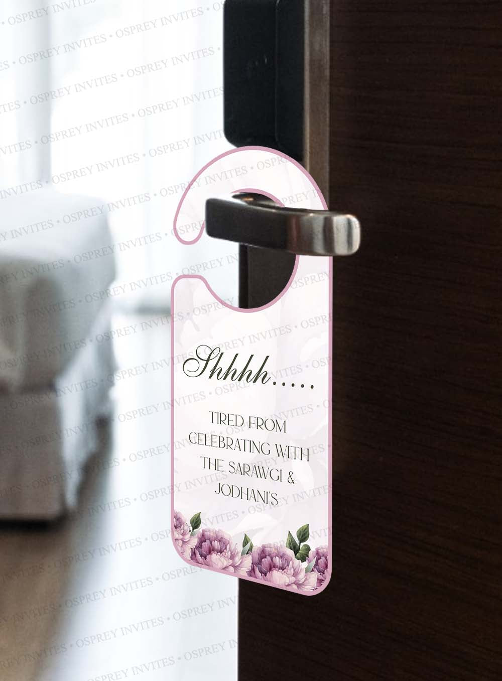 Pink roses and white lily theme Door Knob Hanging decoration for Indian wedding stationery collection.