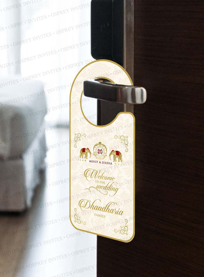 Red and gold wedding welcome signs to use in royal Indian weddings, door knob hanging to include in your wedding stationery kit a must-have wedding stationery for Indian destination wedding.