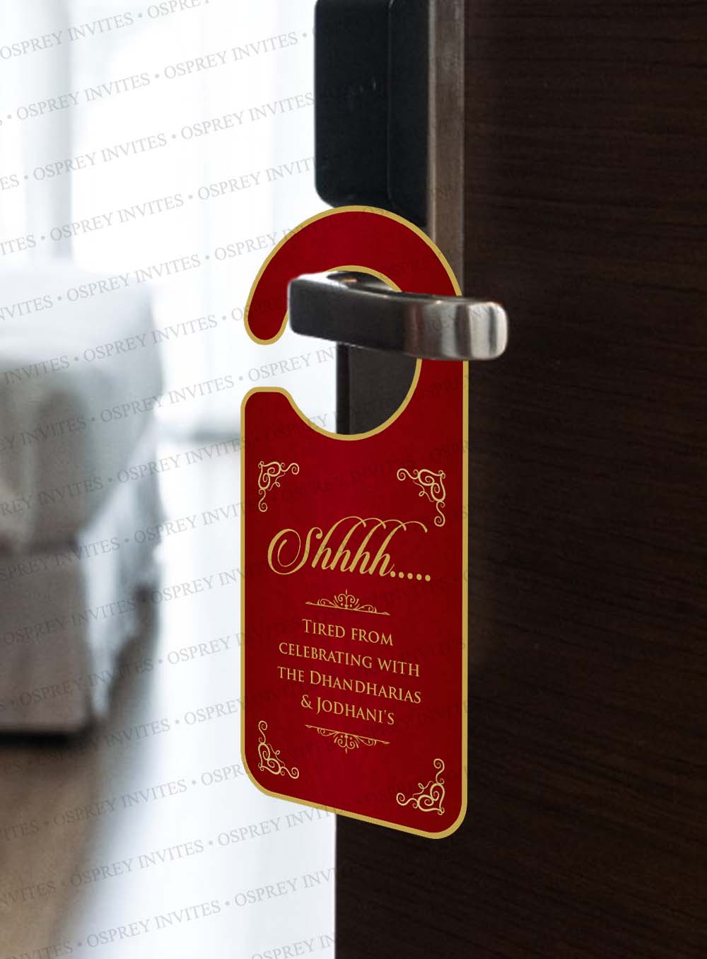 Red and gold wedding welcome signs to use in royal Indian weddings, door knob hanging to include in your wedding stationery kit a must-have wedding stationery for Indian destination wedding.