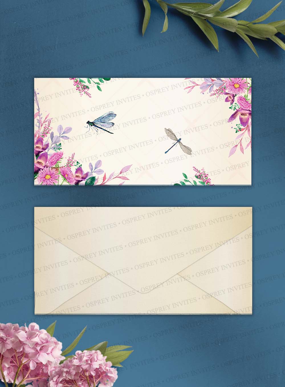 Money envelope design that includes two hand-illustrated dragonfly design with a beautiful pink floral design that can pink florals, a must-have wedding stationery item for Indian traditional weddings.