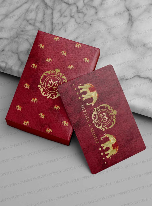 Part of our custom wedding stationery, these ever stylish maroon and gold wedding playing cards with premium qulaity non-tearable playing cards.