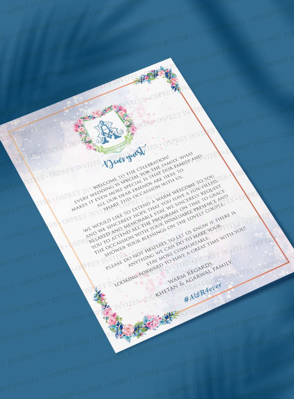 Beautiful and creative Floral themed Wedding Welcome Letter to add to your Guest Welcome Kit or Wedding Stationery for Indian Weddings.