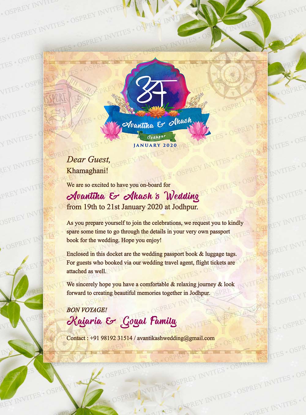 " A one of kind Wedding Welcome Letter with Rustic Theme and Floral Elements to add in Wedding Stationery Collection or Guest Welcome Kit"